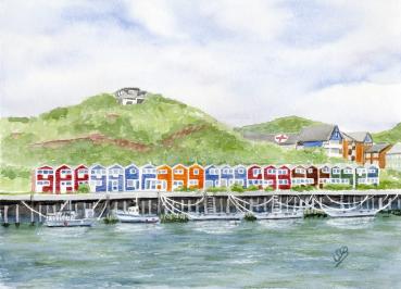 Poster DIN-A4  Aquarell Maritim Kunst Druck Kunstdruck Nordsee Insel Helgoland Hummerbuden Lange Anna Felsen Hafen Shops